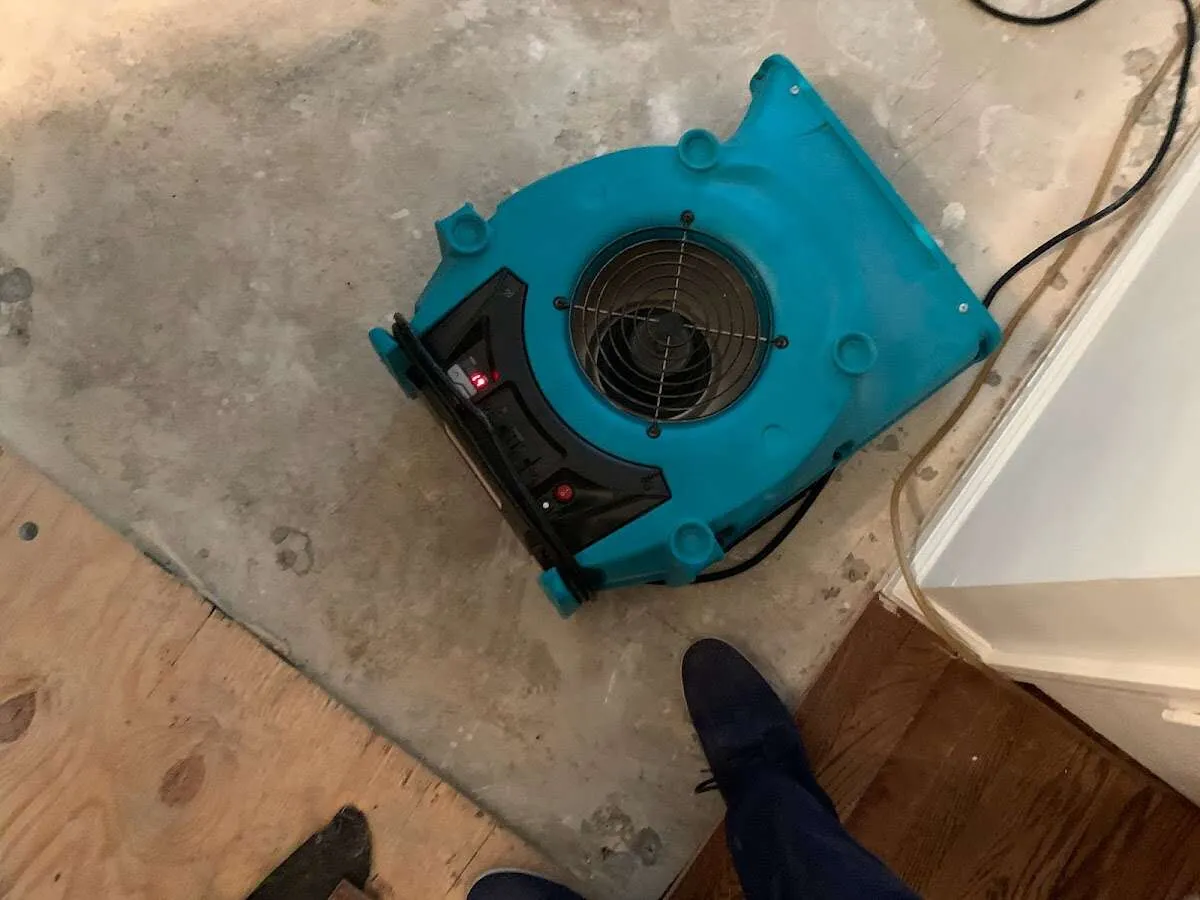 Air mover drying subfloor during Leak Detection & Repair in Fulshear